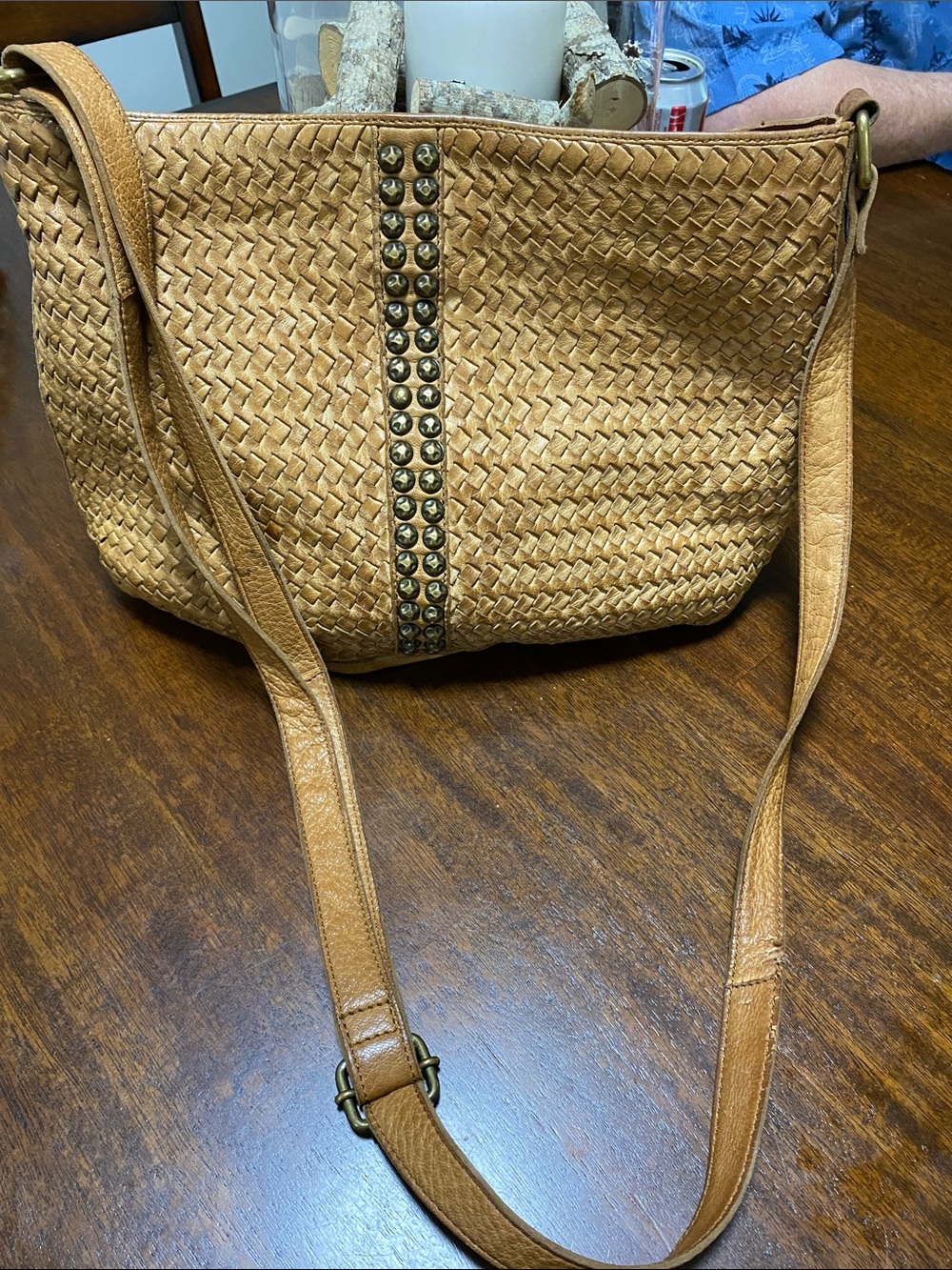 Wilsons Leather Tan Woven Shoulder Bag with Stud Trim